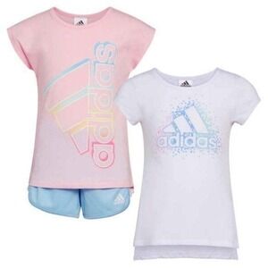 Adidas Girl's 3 Piece Set Logo T-Shirts and Shorts Pink Blue & White Size 6 NWT!